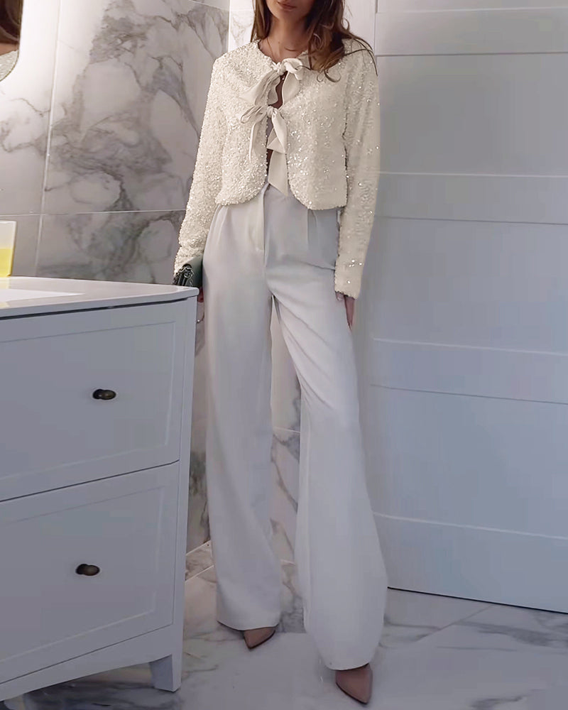 Sequin Open Front Long Sleeve Casual Tied Detail Cardigan