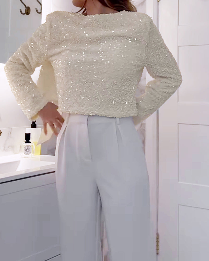 Sequin Open Front Long Sleeve Casual Tied Detail Cardigan