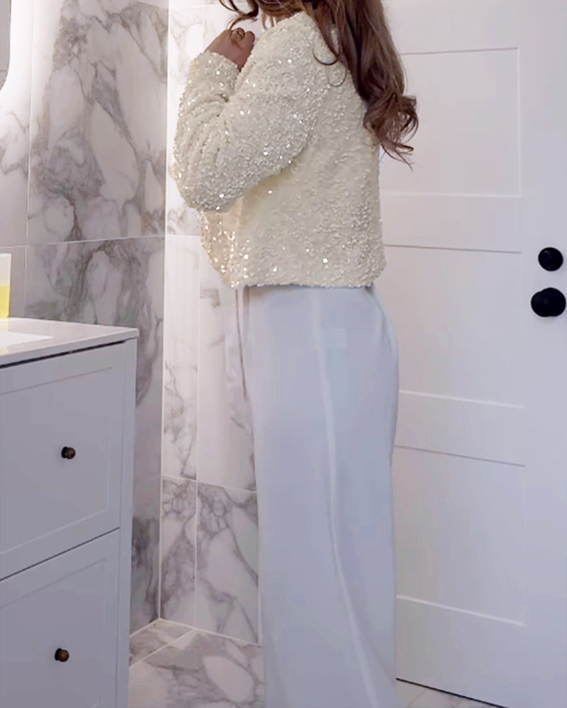 Sequin Open Front Long Sleeve Casual Tied Detail Cardigan