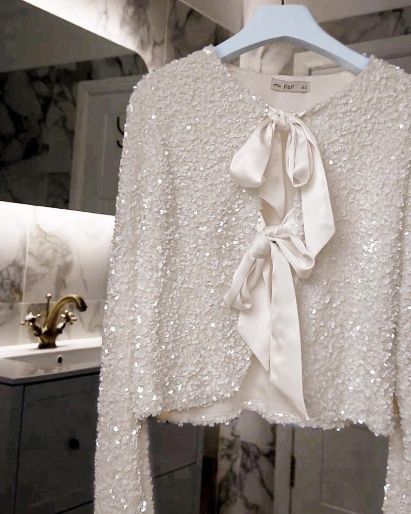 Sequin Open Front Long Sleeve Casual Tied Detail Cardigan