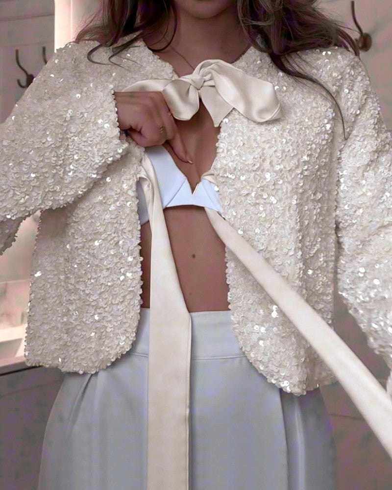 Sequin Open Front Long Sleeve Casual Tied Detail Cardigan