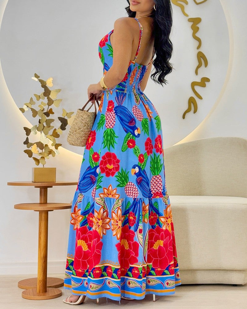 Floral Print Spaghetti Strap Shireed Maxi Dress Casual A Line Waist Flared Dress