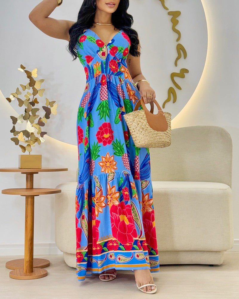 Floral Print Spaghetti Strap Shireed Maxi Dress Casual A Line Waist Flared Dress