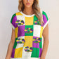 Tillandsia Purple Sequin Doughnut Graphic Colorblock Checkered Short Sleeve Sweater