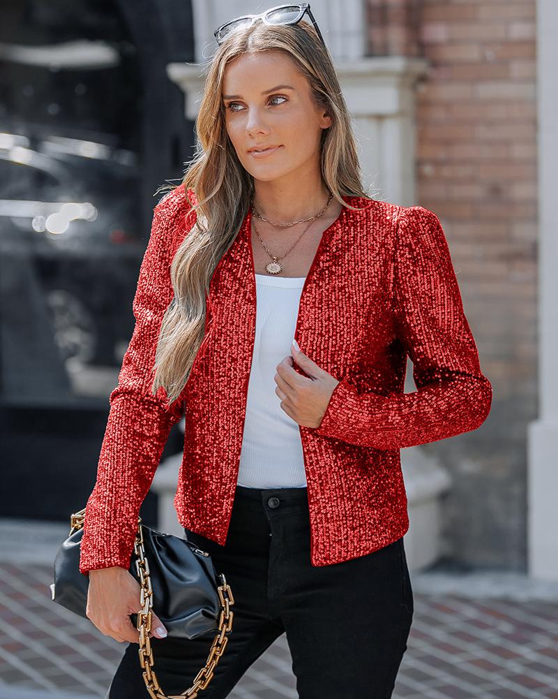 Sparkly Sequin Open Front Puff Sleeve Blazer Coat