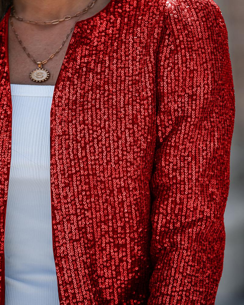Sparkly Sequin Open Front Puff Sleeve Blazer Coat