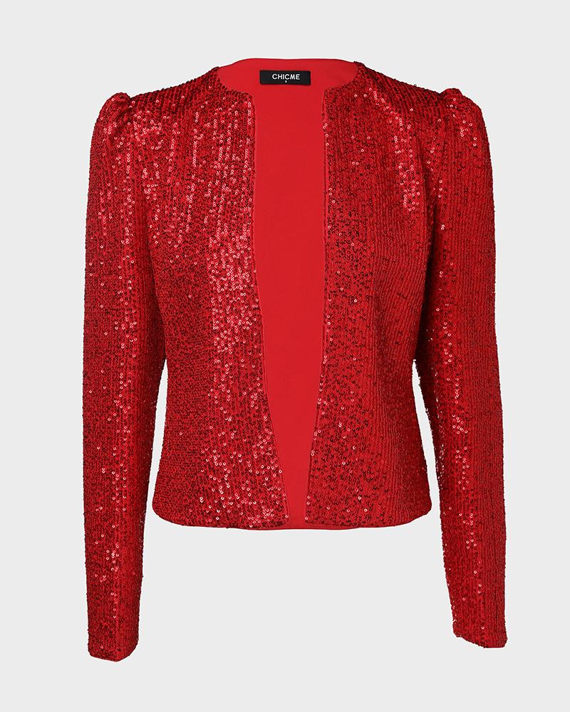 Sparkly Sequin Open Front Puff Sleeve Blazer Coat