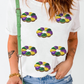 White Sequined Mardi Gras Pattern Crew Neck Short Sleeve Top