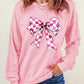 Pink Checkerboard Bow Graphic Round Neck Valentines Sweatshirt