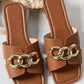 Chestnut Metal Chain Decor Square Toe Faux Leather Slippers
