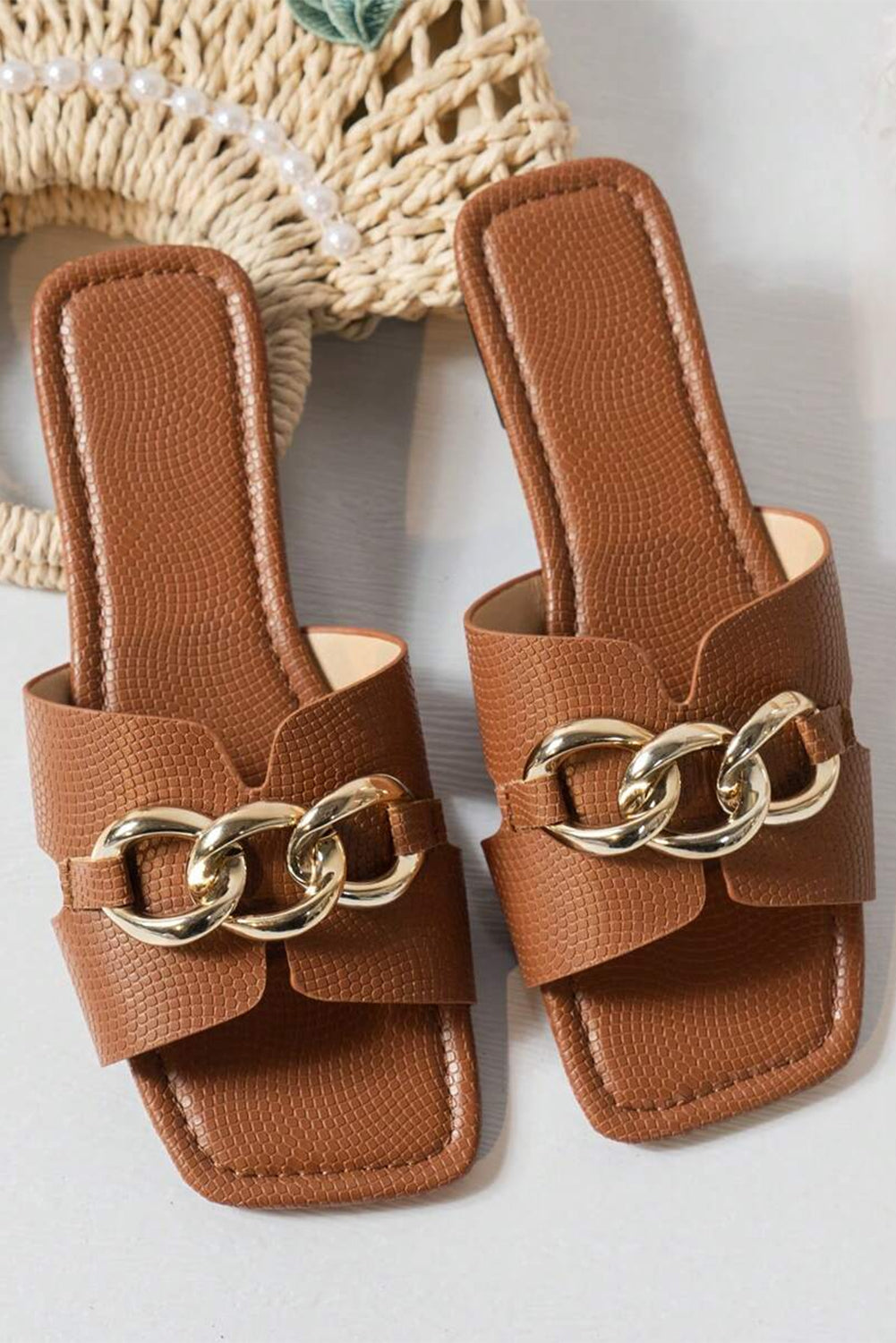 Chestnut Metal Chain Decor Square Toe Faux Leather Slippers