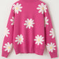 Bright Pink Daisy Flower Crew Neck Long Sleeve Sweater