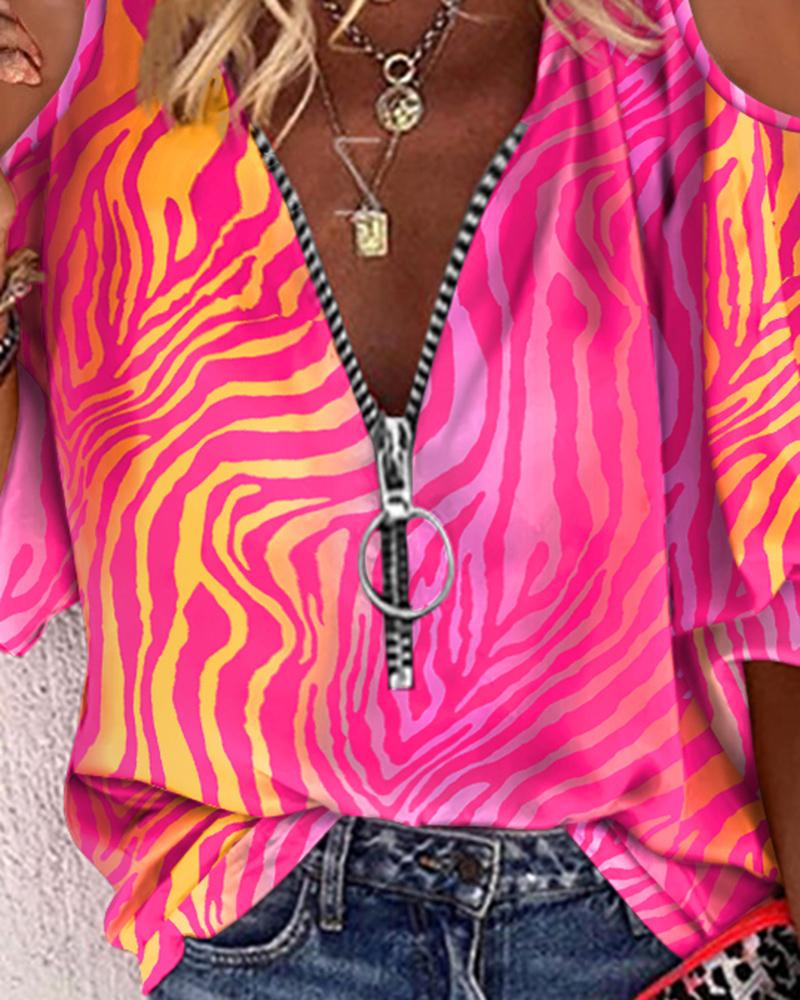 Abstract Print Zip Front Cold Shoulder Top