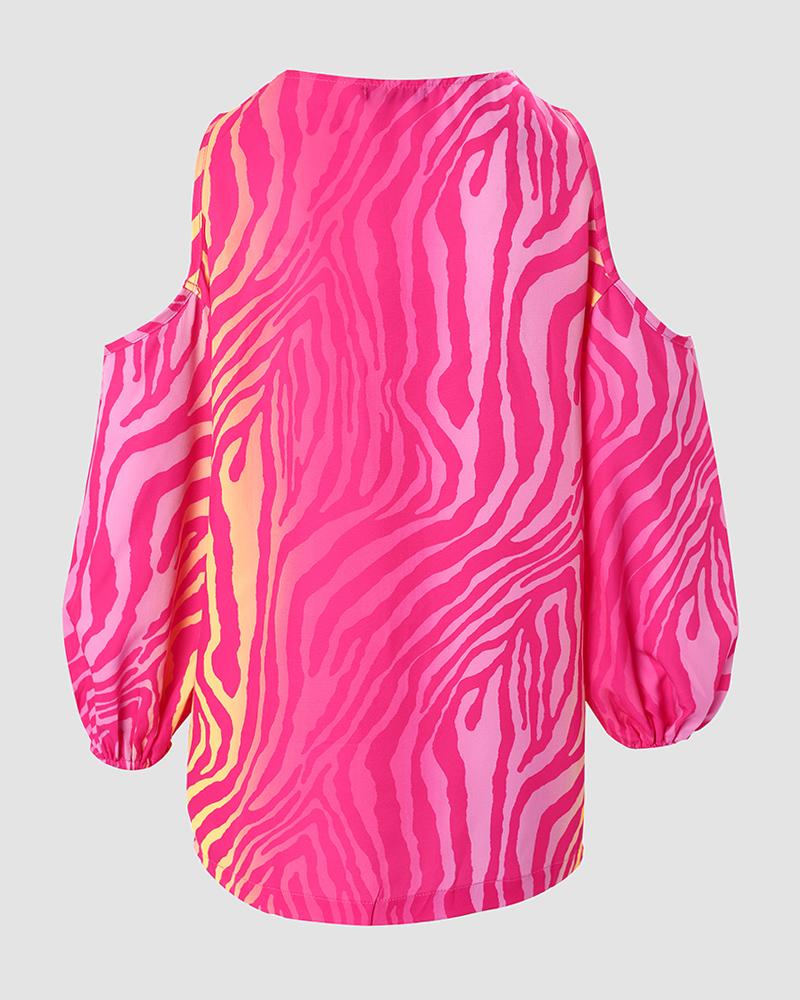 Abstract Print Zip Front Cold Shoulder Top