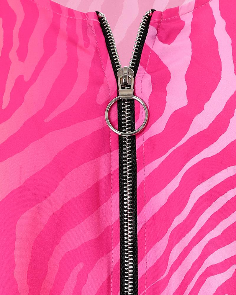 Abstract Print Zip Front Cold Shoulder Top