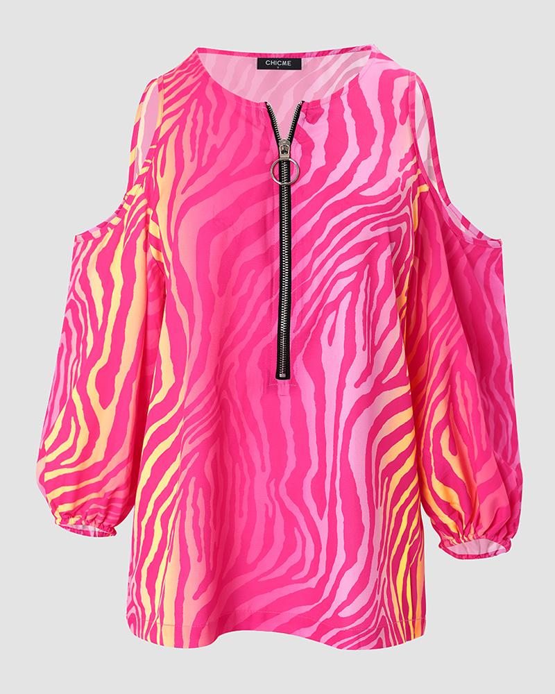 Abstract Print Zip Front Cold Shoulder Top