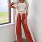 Flamingo Color Block Drawstring High Waist Wide Leg Pants