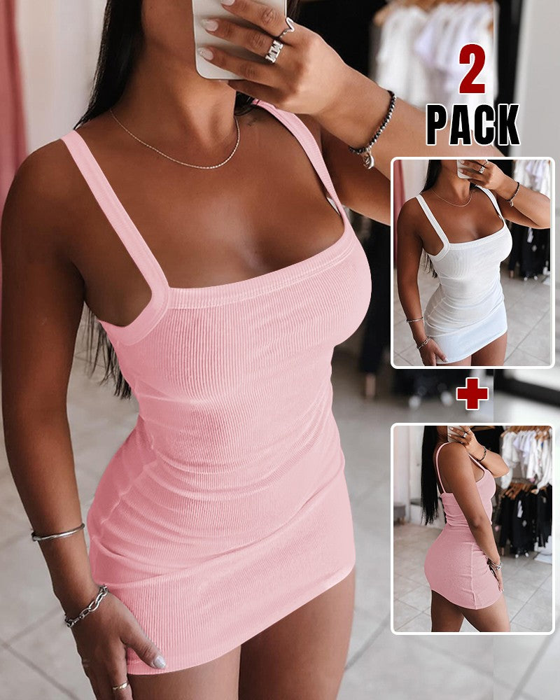 2PCS Bandeau Spaghetti Strap Sleeveless Bodycon Dress Sexy Slim Fit Mini Dress