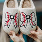 White Bow Knot Rugby Pattern Plush Warm Slippers