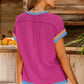 Bright Pink Textured Contrast Trim Round Neck T Shirt