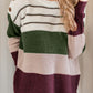Green Color Block Striped Buttoned Shoulder Split Sweater