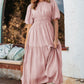 Pink Puff Sleeve Pleated High Waist Flowy Long Dress