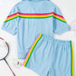 Sky Blue Rainbow Colorblock Collared Short Sleeve Top 2 Piece Shorts Set