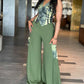 2 Pieces Outfit Ombre Print V Neck Sleeveless Vest and Casual High Waist Wide Leg Pants with Cargo Pockets