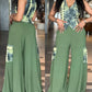 2 Pieces Outfit Ombre Print V Neck Sleeveless Vest and Casual High Waist Wide Leg Pants with Cargo Pockets