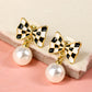 Black Checkered Bow Knot Pearl Pendant Stud Earrings