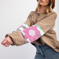 Light French Beige Flower Striped Patchwork Puff Sleeve Loose Sweatshirt