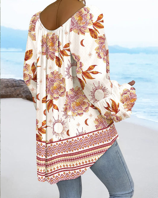 Tribal Print Tassel Design Lantern Sleeve Shirred Blouse Casual Top