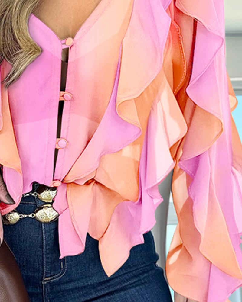 V Neck Shoulder Asymmetrical Ruffles Blouse Casual Button Front Long Sleeve Top