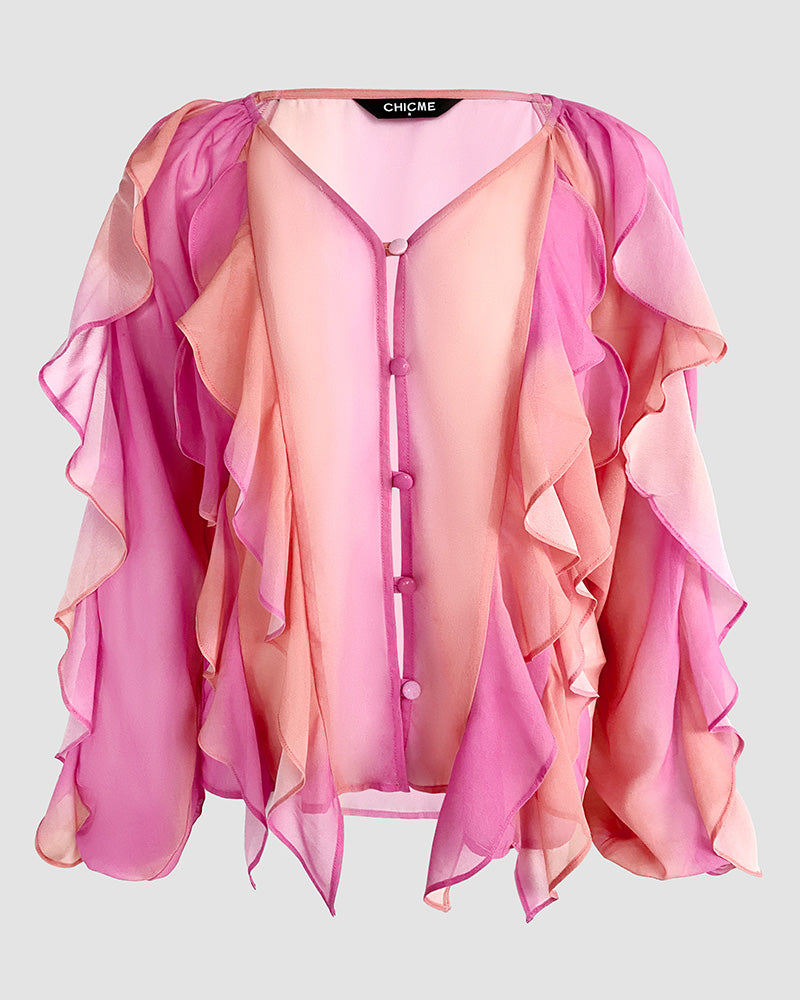V Neck Shoulder Asymmetrical Ruffles Blouse Casual Button Front Long Sleeve Top