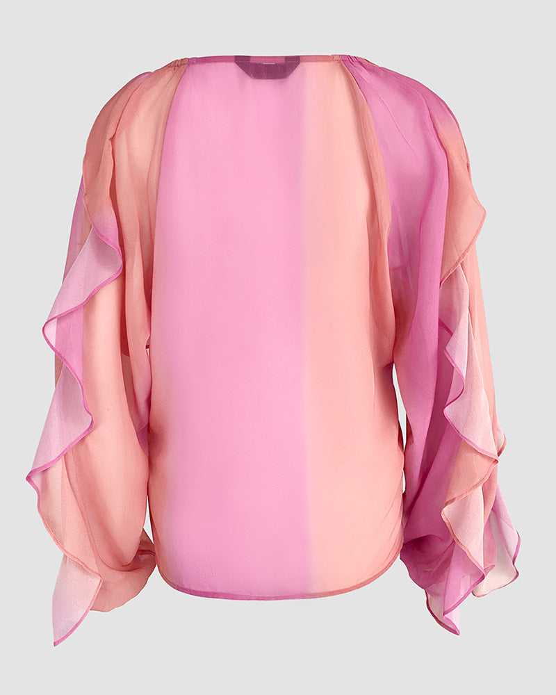 V Neck Shoulder Asymmetrical Ruffles Blouse Casual Button Front Long Sleeve Top