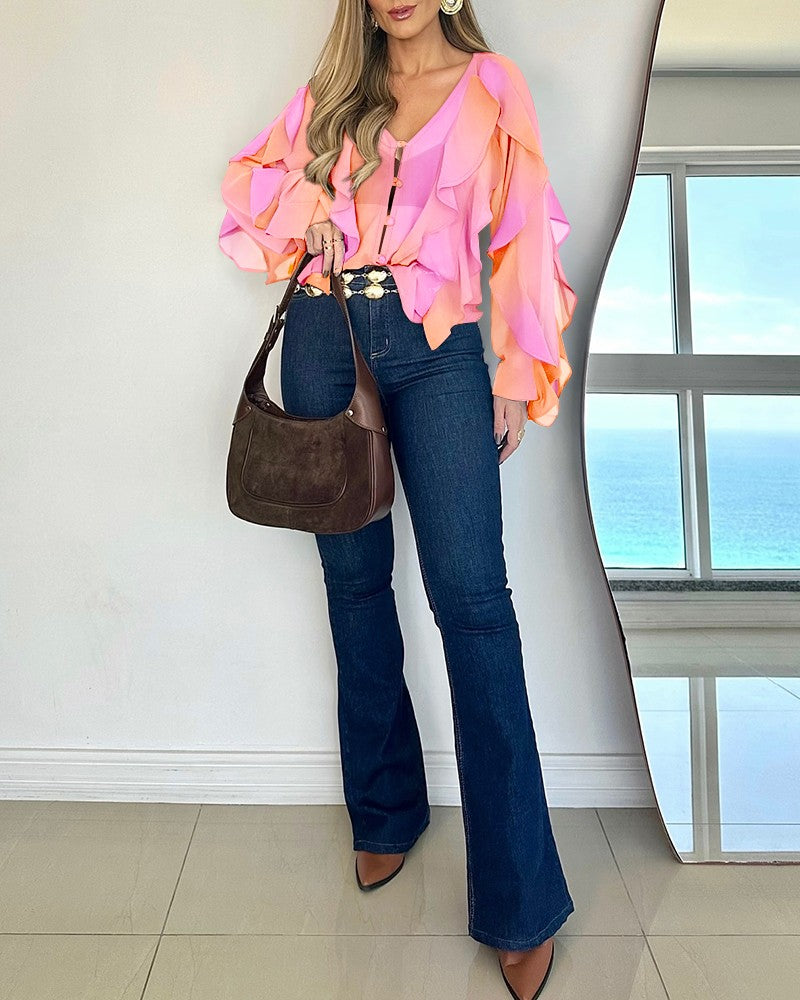 V Neck Shoulder Asymmetrical Ruffles Blouse Casual Button Front Long Sleeve Top