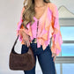 V Neck Shoulder Asymmetrical Ruffles Blouse Casual Button Front Long Sleeve Top