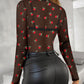 Floral Print Round Neck Long Sleeve T Shirt Casual Slim Fit Sheer Top