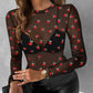 Floral Print Round Neck Long Sleeve T Shirt Casual Slim Fit Sheer Top