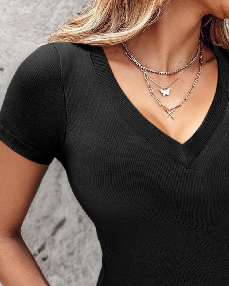 V Neck Short Sleeve Ribbed T Shirt Casual Slim Fit Top