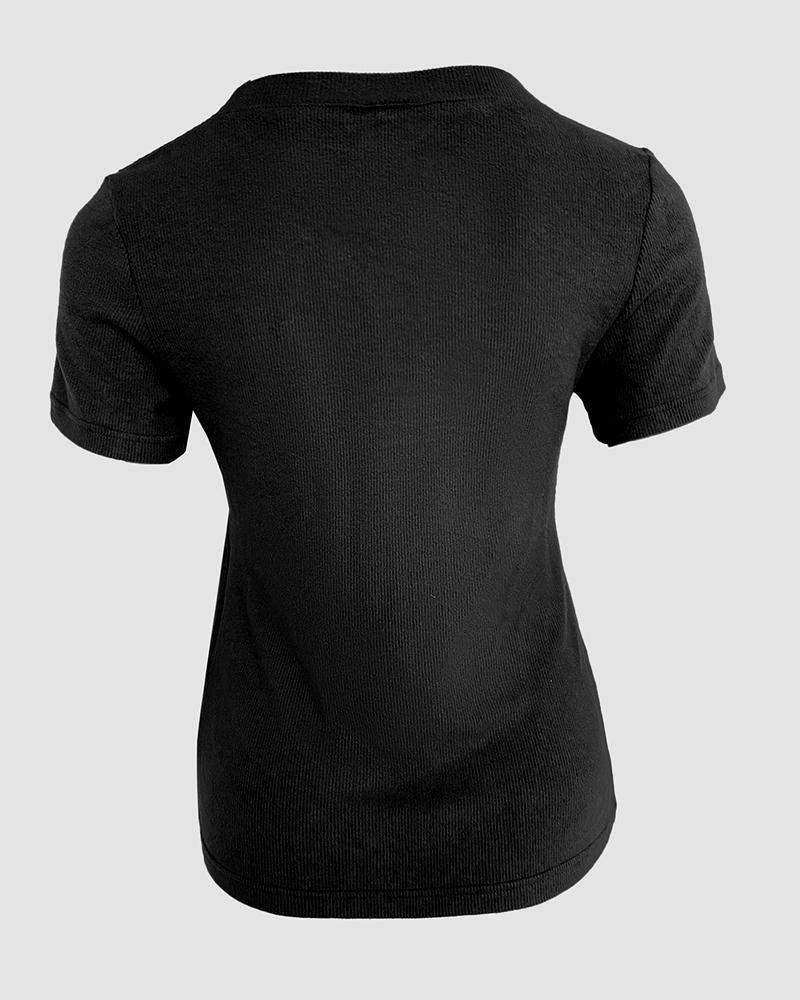 V Neck Short Sleeve Ribbed T Shirt Casual Slim Fit Top