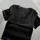 V Neck Short Sleeve Ribbed T Shirt Casual Slim Fit Top