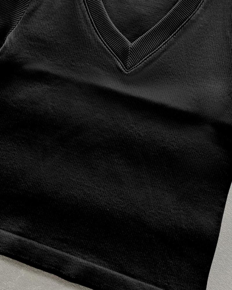 V Neck Short Sleeve Ribbed T Shirt Casual Slim Fit Top