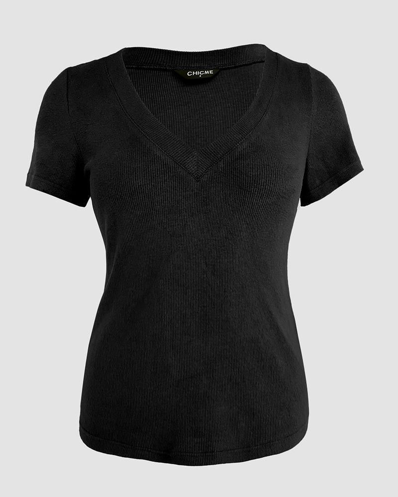 V Neck Short Sleeve Ribbed T Shirt Casual Slim Fit Top