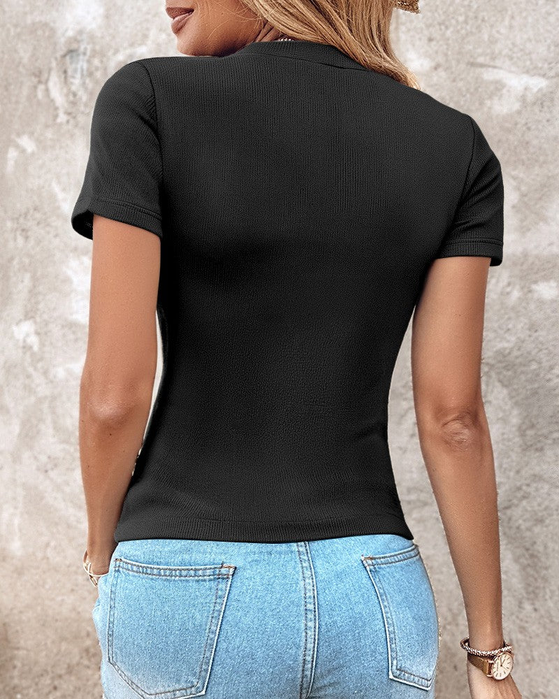 V Neck Short Sleeve Ribbed T Shirt Casual Slim Fit Top