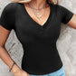 V Neck Short Sleeve Ribbed T Shirt Casual Slim Fit Top