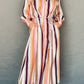 White Multicolor Striped Cuffed Sleeve Tassel Tied Shirt Maxi Dress