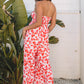 Pink Floral Print Twisted Bandeau Keyhole Pleated Wide Leg Jumpsuit