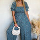 Blue Vintage Boho Floral Smocked Short Puff Sleeve Wide Leg Jumpsuit