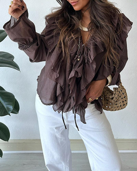 V Neck Lace Up Long Sleeve Blouse Casual Ruffles Design Chiffon Top